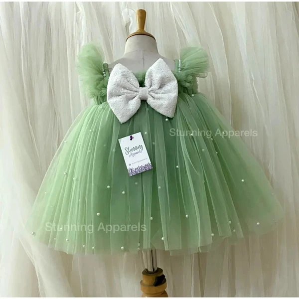 Milky Sequins Bow Partywear Pista Green Umbrella Frock  - 9-12 Month