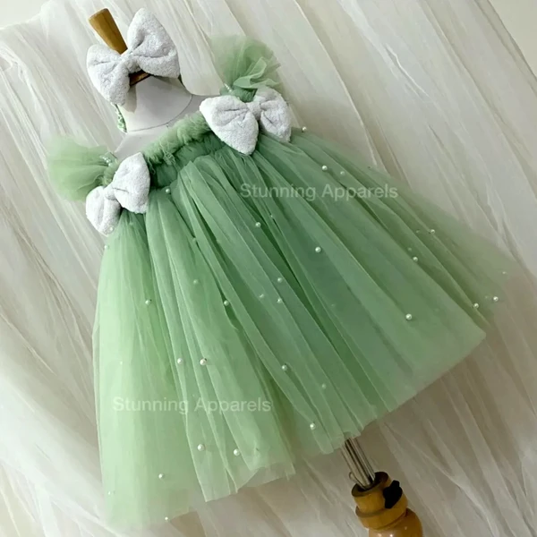 Milky Sequins Bow Partywear Pista Green Umbrella Frock  - 9-12 Month