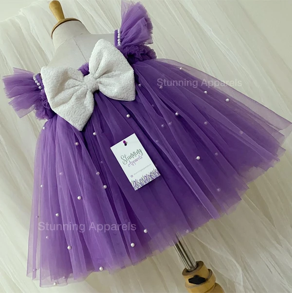 Milky Sequins Bow Partywear Dark Lavender Umbrella Frock  - 0-3 Months