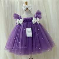 Milky Sequins Bow Partywear Dark Lavender Umbrella Frock  - 6-9 Month