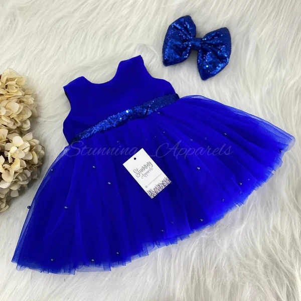 Pearls Work Stylish Partywear Royal Blue Frock  - 0-3 Months