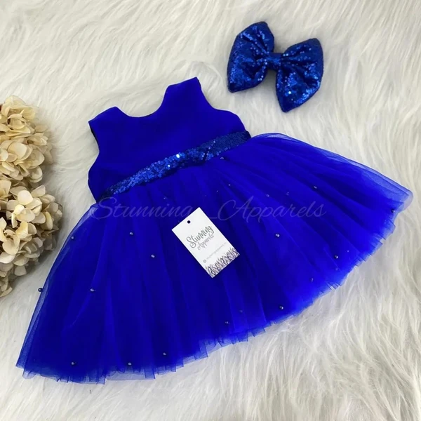 Pearls Work Stylish Partywear Royal Blue Frock  - 6-9 Month