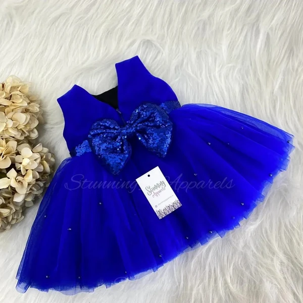 Pearls Work Stylish Partywear Royal Blue Frock  - 9-12 Month