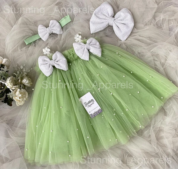 Pearls Work Umbrella  Pista Green Frock  - 0-3 Months