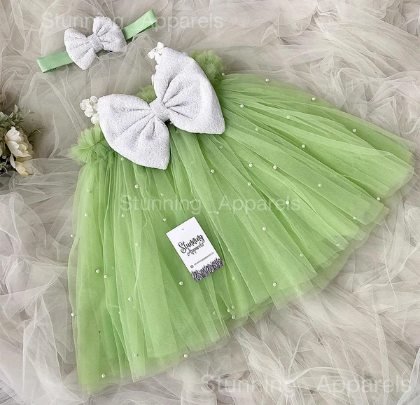 Pearls Work Umbrella  Pista Green Frock  - 0-3 Months