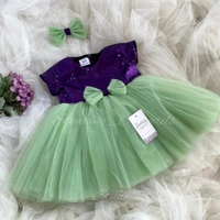 Purple Sequins  Bodice Cape Sleeves Mint Green Partywear Frock  - 3-6 Month