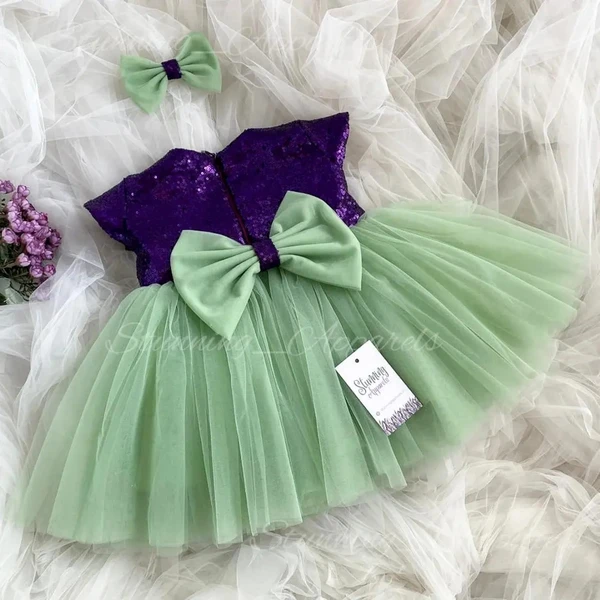 Purple Sequins  Bodice Cape Sleeves Mint Green Partywear Frock  - 9-12 Month