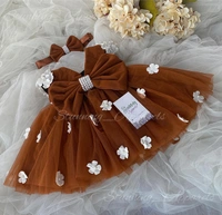 White Flower Work Cape Sleeves Iron Rust Partywear Frock  - 3-6 Month