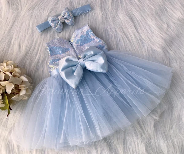 Satin Bow Partywear  Pastel Blue Frock  - 3-6 Month