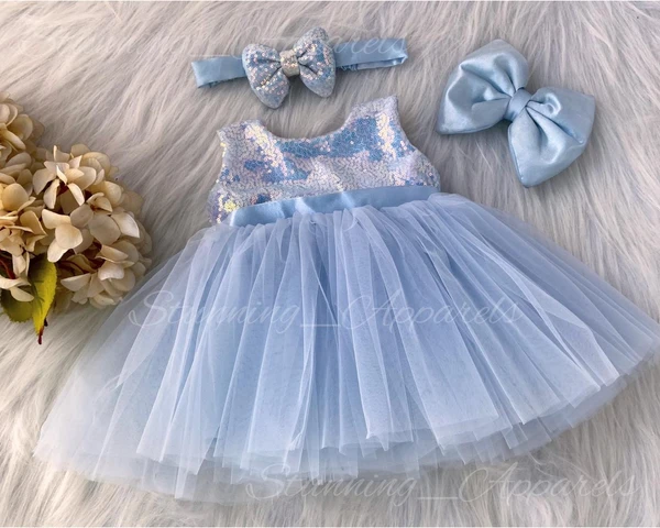 Satin Bow Partywear  Pastel Blue Frock  - 3-6 Month