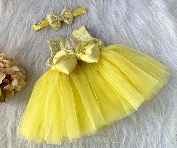 Satin Bow Partywear  Lemon Yellow  Frock  - 0-3 Months