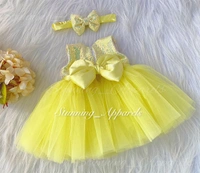 Satin Bow Partywear  Lemon Yellow  Frock  - 0-3 Months