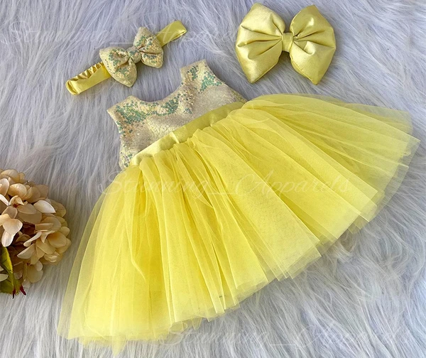 Satin Bow Partywear  Lemon Yellow  Frock  - 9-12 Month