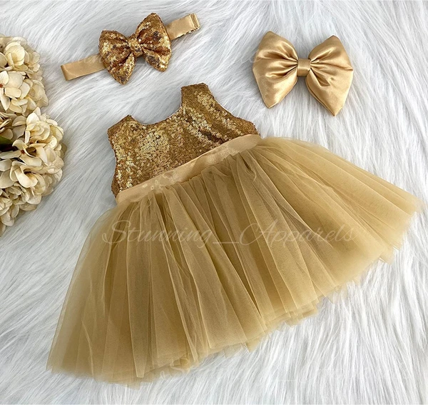 Golden Satin Bow Partywear Golden Frock  - 3-6 Month