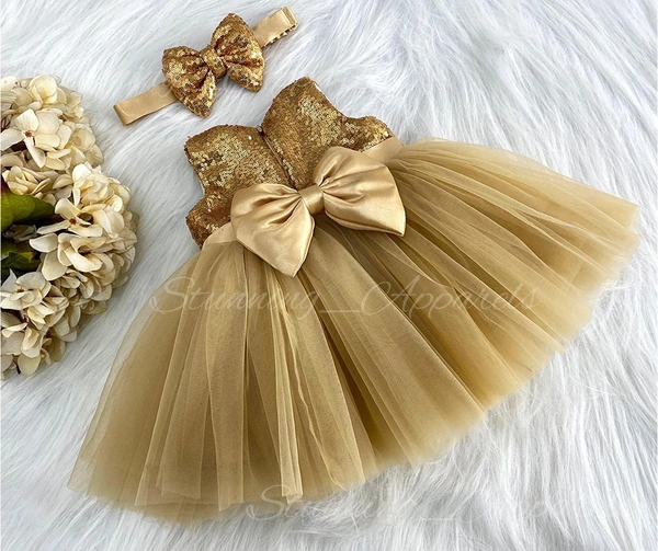 Golden Satin Bow Partywear Golden Frock  - 9-12 Month