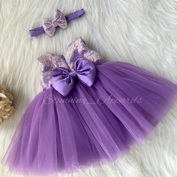 Satin Bow Partywear Lavender Frock  - 3-6 Month