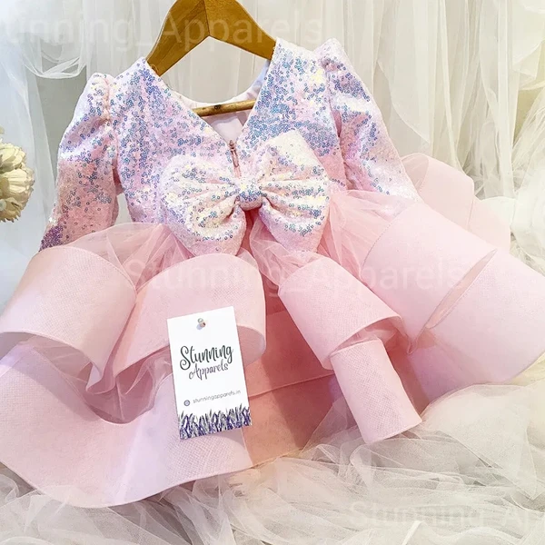 Beautiful Long Sleeves Baby Pink Partywear  Frock - 9-12 Month