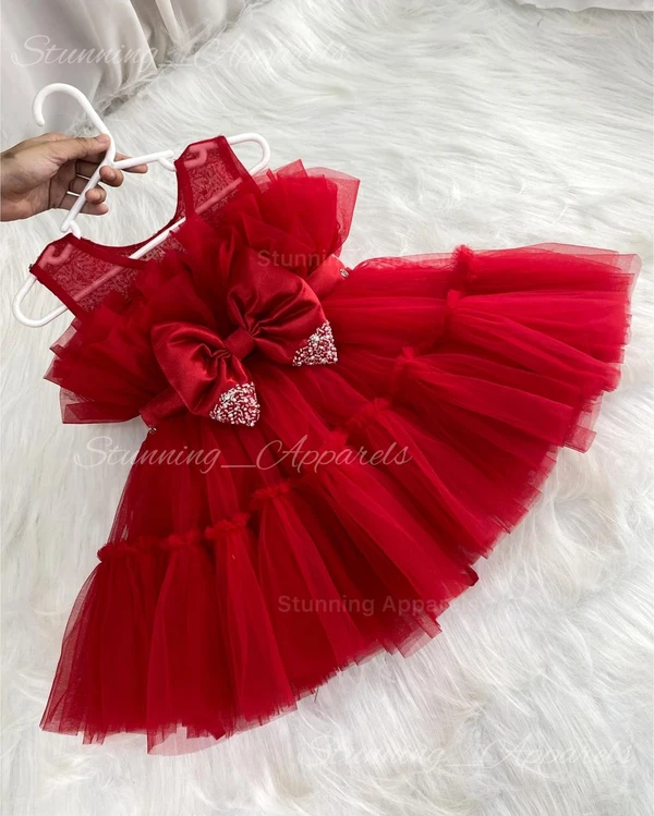 Designer Beads Work Partywear Ruffled Red Frock  - 3-6 Month