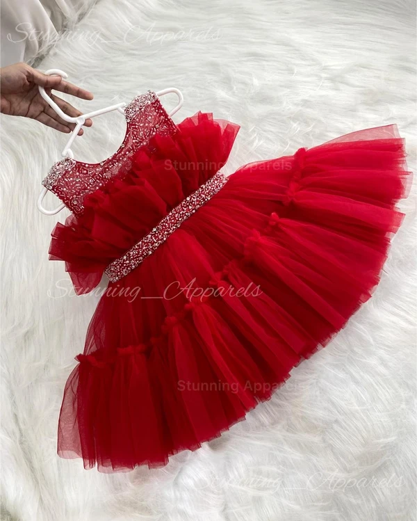 Designer Beads Work Partywear Ruffled Red Frock  - 6-9 Month