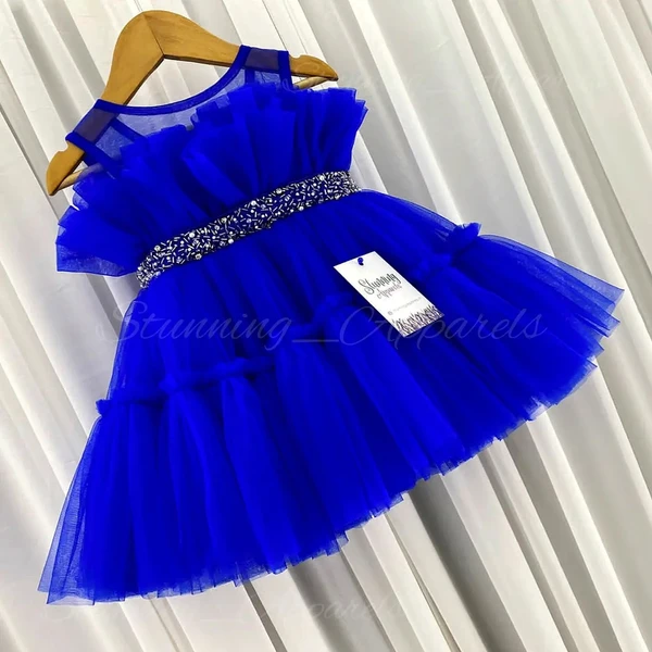 Designer Ruffled Beads Work Partywear Royal Blue Frock - 3-6 Month