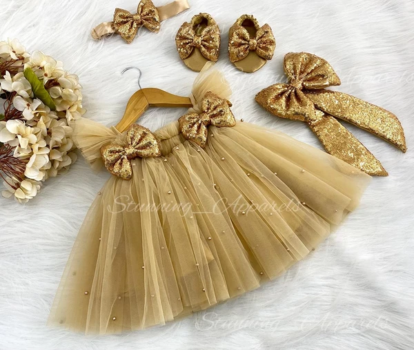Golden Sequins  Bow Partywear  Umbrella  Golden Frock  - 3-6 Month