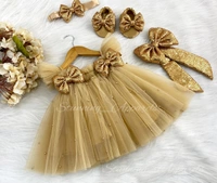 Golden Sequins  Bow Partywear  Umbrella  Golden Frock  - 9-12 Month