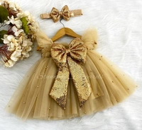 Golden Sequins  Bow Partywear  Umbrella  Golden Frock  - 2-3 Years