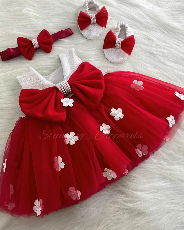 Milky Sequins White Flower Work Partywear  Red Frock  - 0-3 Months