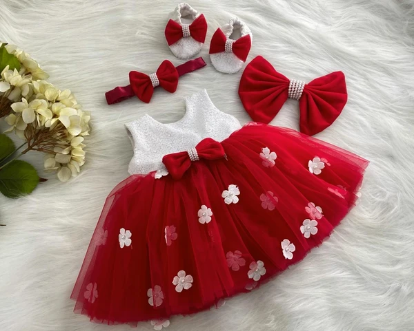 Milky Sequins White Flower Work Partywear  Red Frock  - 0-3 Months