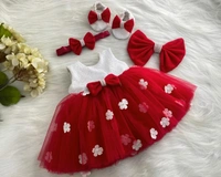 Milky Sequins White Flower Work Partywear  Red Frock  - 1-2 Years