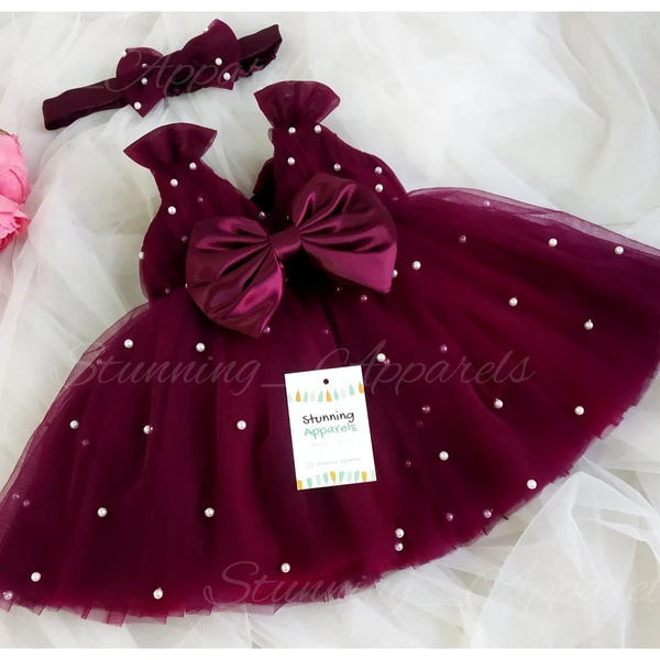 Shoulder Bow Pearls Work Wine Partywear  Frock  - 0-3 Months