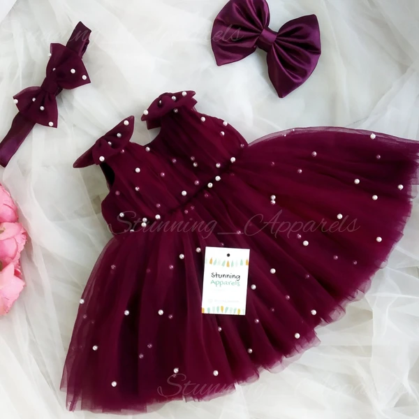 Shoulder Bow Pearls Work Wine Partywear  Frock  - 3-6 Month