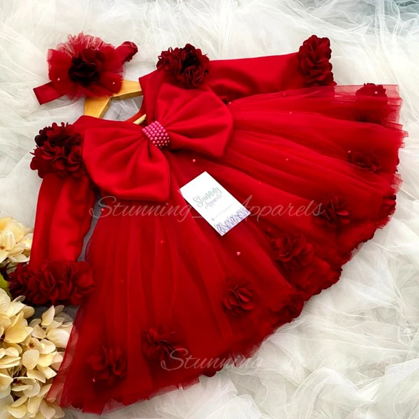 Long Sleeves Red Flower Work Red Partywear  Frock  - 0-3 Months