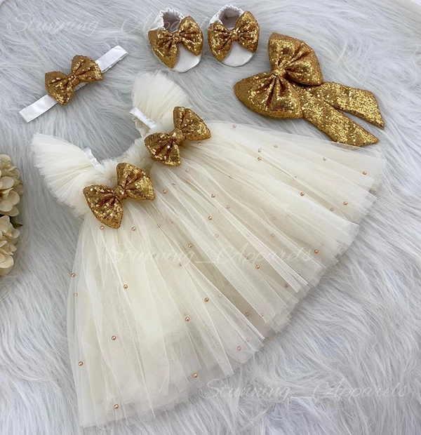 Golden Sequins  Bow Partywear  Cream Umbrella  Frock   - 3-6 Month