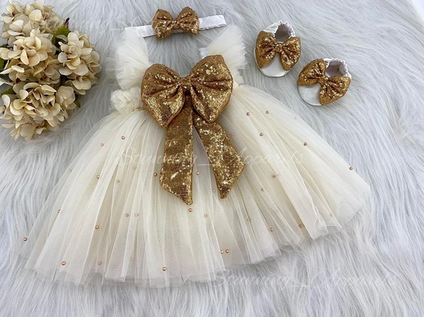 Golden Sequins  Bow Partywear  Cream Umbrella  Frock   - 3-6 Month