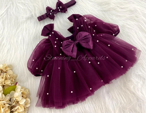 Long Puff Sleeves With Pearls Work Partywear  Wine Frock  - 0-3 Months