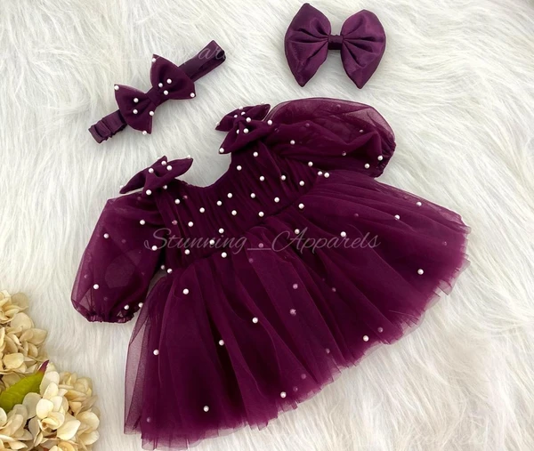 Long Puff Sleeves With Pearls Work Partywear  Wine Frock  - 0-3 Months