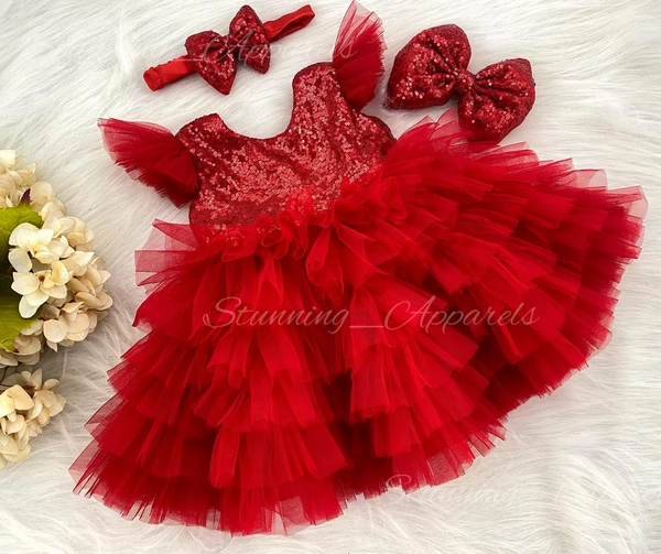 Red Sequins  Layered Partywear  Red Frock  - 0-3 Months