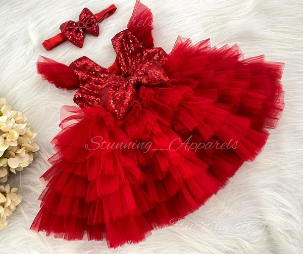 Red Sequins  Layered Partywear  Red Frock  - 3-6 Month