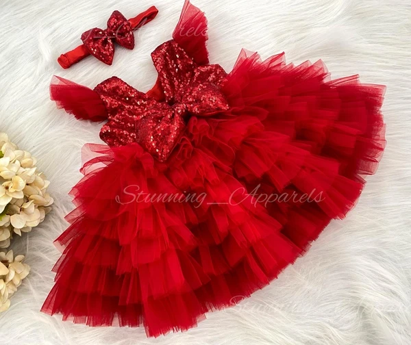 Red Sequins  Layered Partywear  Red Frock  - 6-9 Month