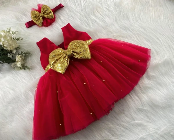 Golden Sequins  Bow Partywear  Red Frock  - 3-6 Month