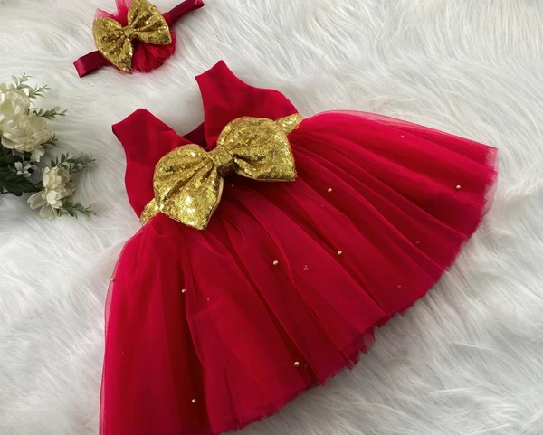 Golden Sequins  Bow Partywear  Red Frock  - 3-6 Month