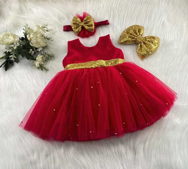 Golden Sequins  Bow Partywear  Red Frock  - 3-6 Month