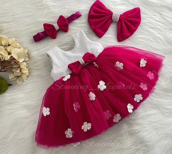 White Flower Work Magenta Pink Partywear Frock  - 3-4 Years