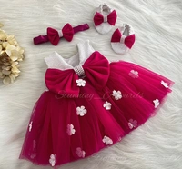White Flower Work Magenta Pink Partywear Frock  - 0-3 Month