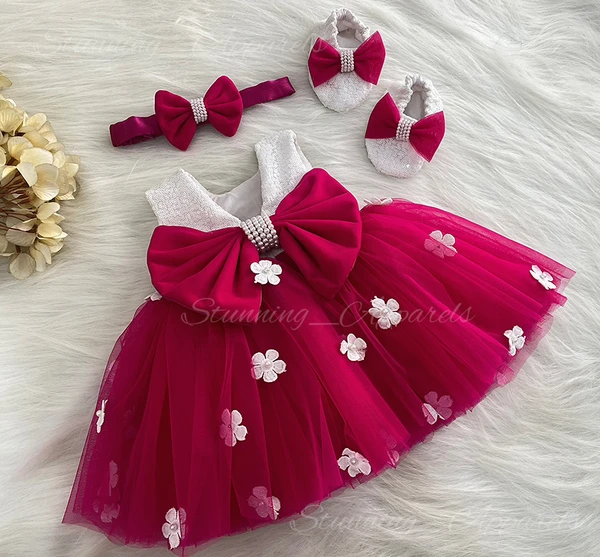 White Flower Work Magenta Pink Partywear Frock  - 0-3 Month