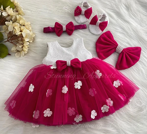 White Flower Work Magenta Pink Partywear Frock  - 9-12 Month