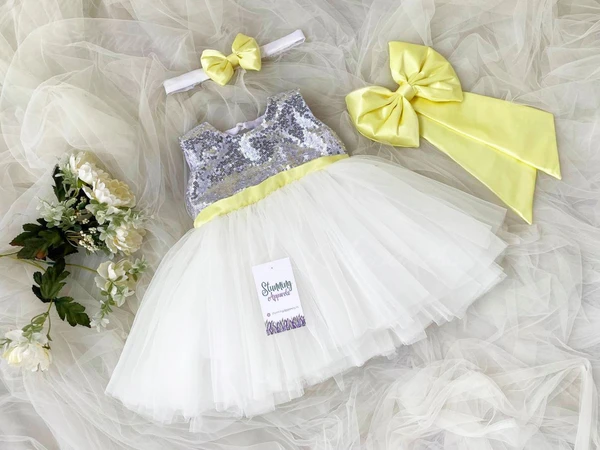 Lemon Yellow Belted Bow Partywear  White Frock  - 0-3 Months