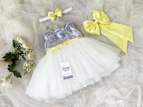 Lemon Yellow Belted Bow Partywear  White Frock  - 6-9 Month