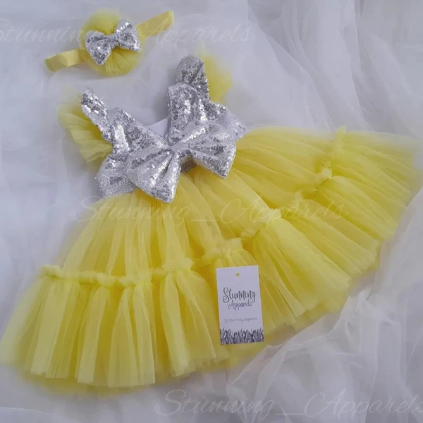 Silver Sequins  Bow Partywear Lemon Yellow Frock  - 3-6 Month